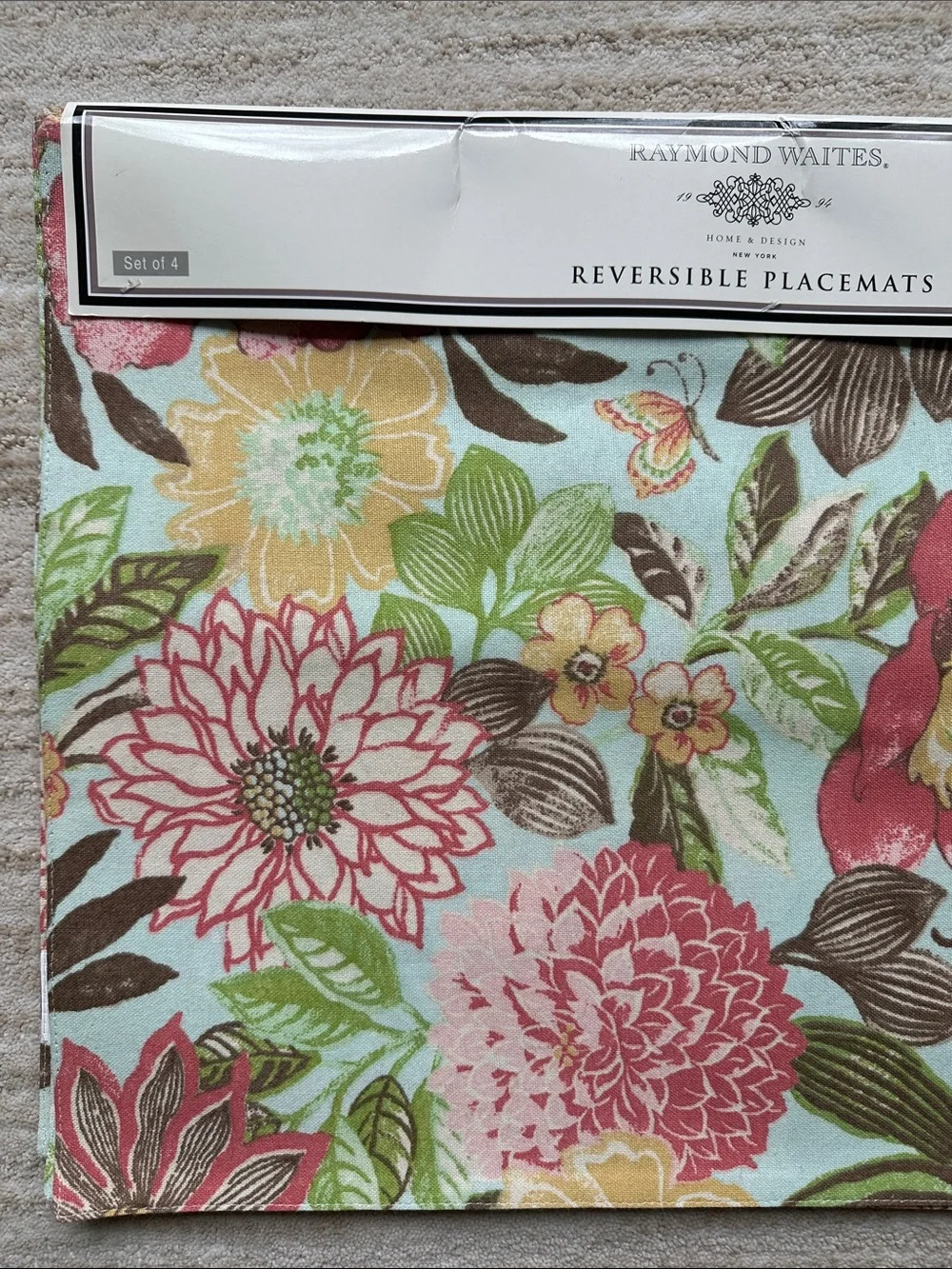 NWT Raymond Waites Reversible Floral Fabric Placemats set/4 Multicolor Cotton